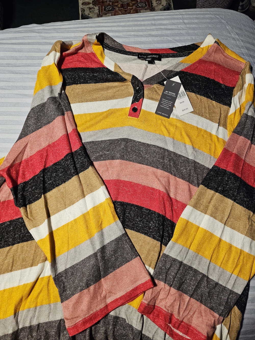 Lane Bryant Multicolor Striped V-Neck Long Sleeve Top - Yellow/Red/Gray